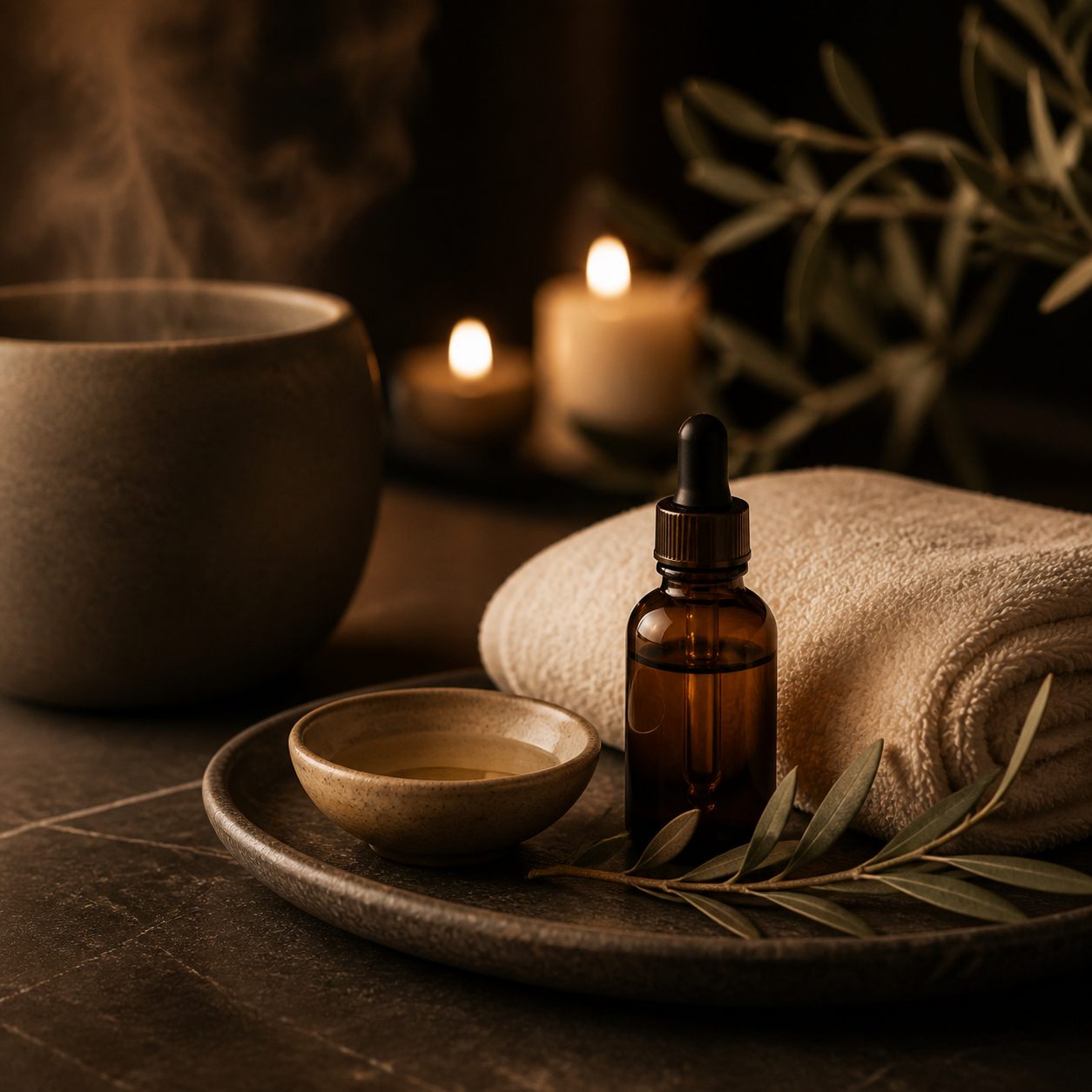 Aceite, una taza y tejidos naturales para preparar una pausa